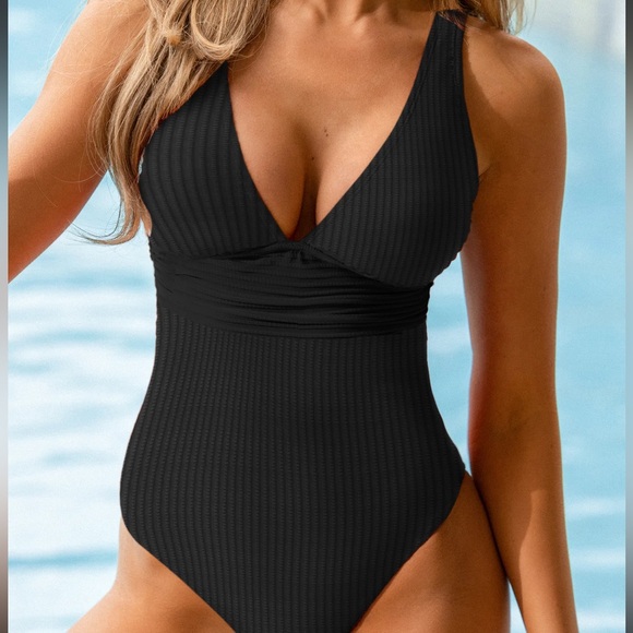 Black Ginger Ribbed & Ruched One-Piece - Picture 1 of 14